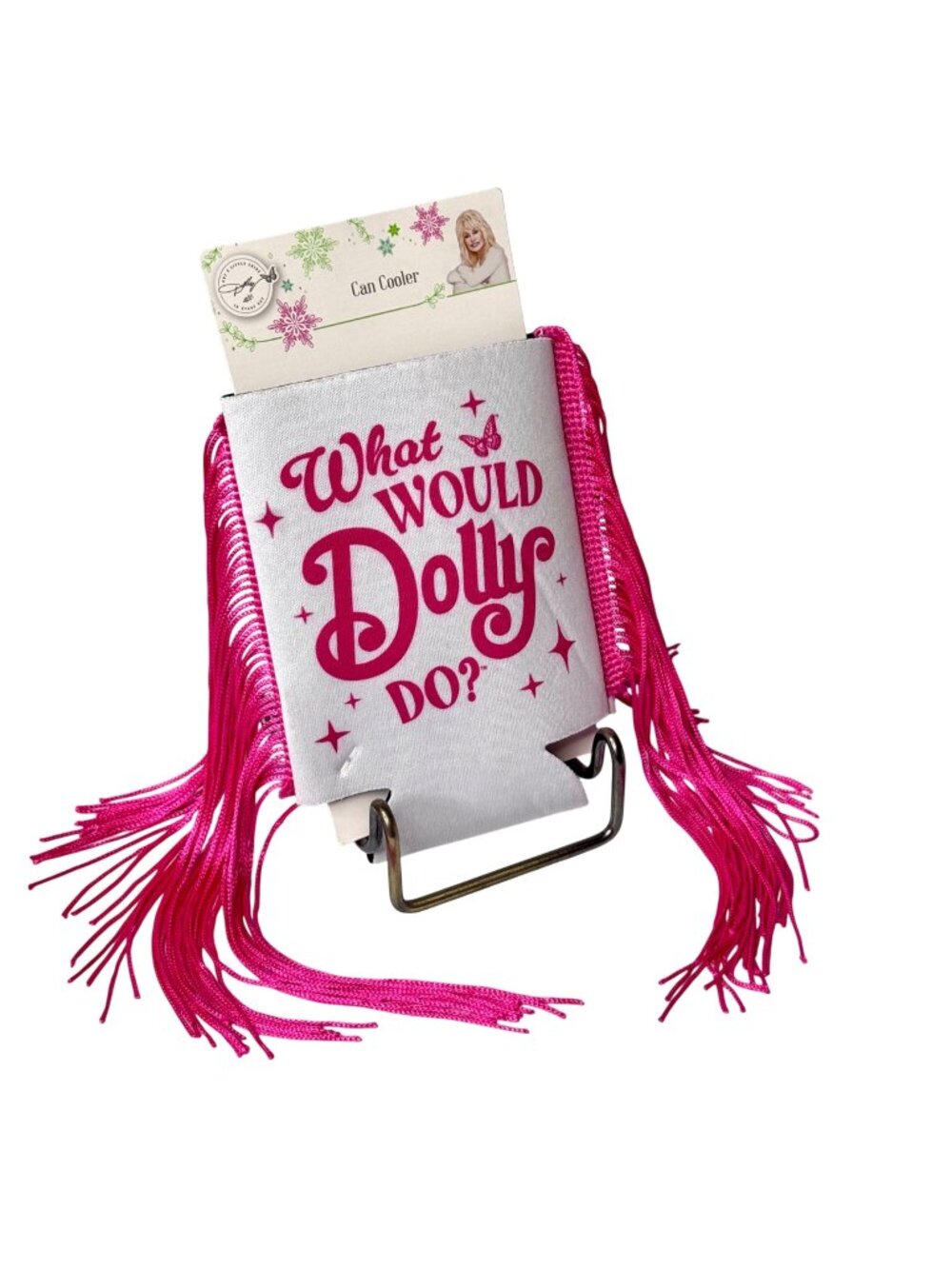 Dolly Parton "What Would Dolly Do?" Pink Fringe Koozie Can Drink Cooler *FLAW*